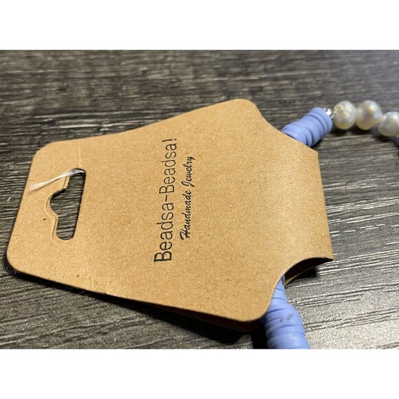 NEW polymer clay mother of pearl bracelet handmade blue silver beaded boho - Picture 5 of 6